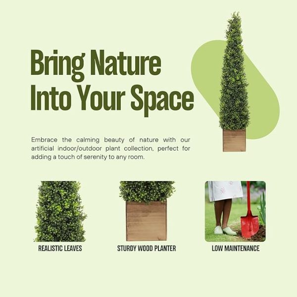 Season's Need 2.8ft Artificial Boxwood Topiary Tree 34inch Tall with Wooden Pots for Outdoor & Indoor Porch Décor 2-Set - Image 4